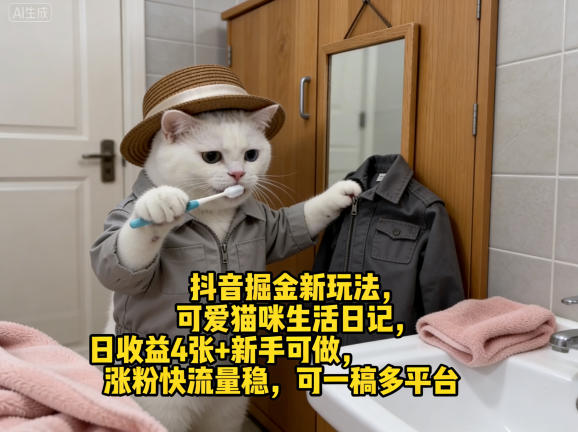 抖音掘金新玩法，可爱猫咪生活日记，日收益4张+新手可做，涨粉快流量稳，可一稿多平台-laogaiwz